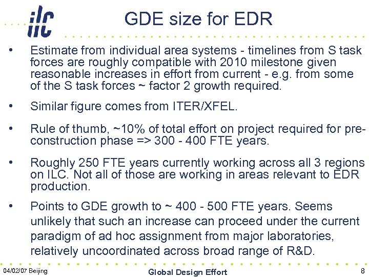 GDE size for EDR • Estimate from individual area systems - timelines from S