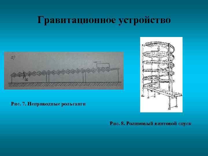 Гравитационное устройство Рис. 7. Неприводные рольганги Рис. 8. Роликовый винтовой спуск 