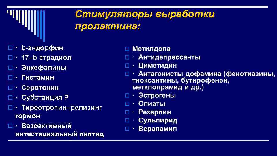 Стимуляторы выработки пролактина: o · b эндорфин o · 17–b этрадиол o · Энкефалины