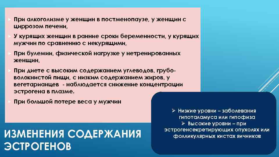  При алкоголизме у женщин в постменопаузе, у женщин с циррозом печени, У курящих