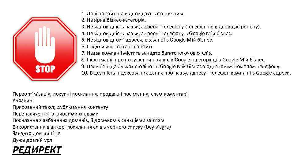 1. Дані на сайті не відповідають фактичним. 2. Невірна бізнес-категорія. 3. Невідповідність назви, адреси