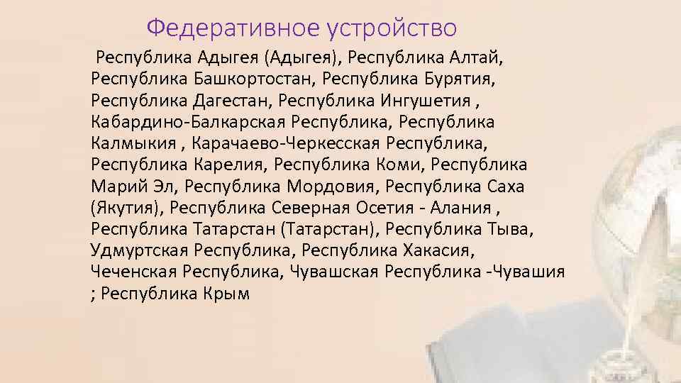 Федеративное устройство Республика Адыгея (Адыгея), Республика Алтай, Республика Башкортостан, Республика Бурятия, Республика Дагестан, Республика