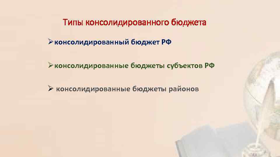 Типы консолидированного бюджета Øконсолидированный бюджет РФ Øконсолидированные бюджеты субъектов РФ Ø консолидированные бюджеты районов