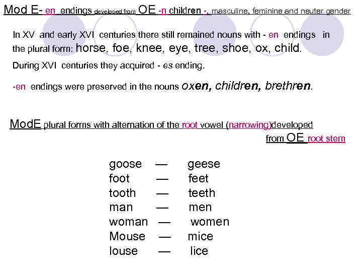 Mod E en endings developed from OE n children , masculine, feminine and neuter