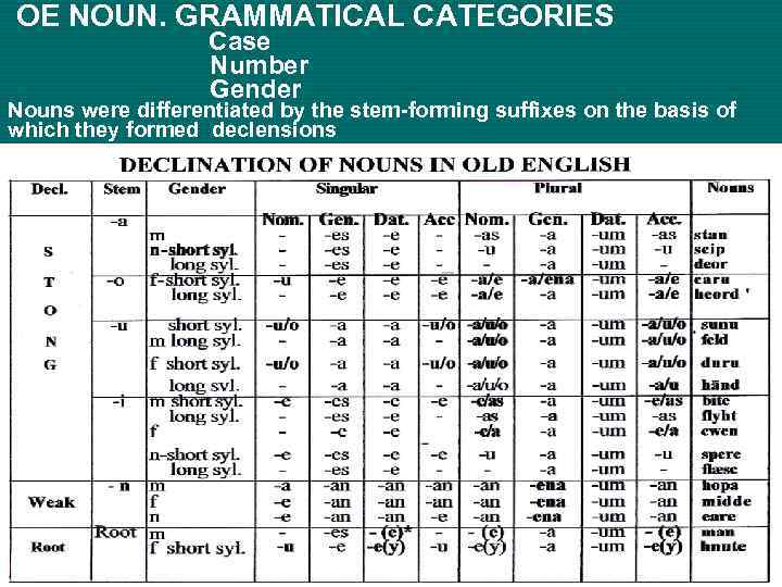 OE NOUN. GRAMMATICAL CATEGORIES Case Number Gender Nouns were differentiated by the stem-forming suffixes