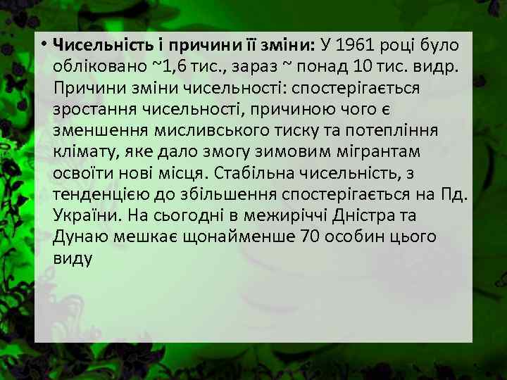  • Чисельність і причини її зміни: У 1961 році було обліковано ~1, 6