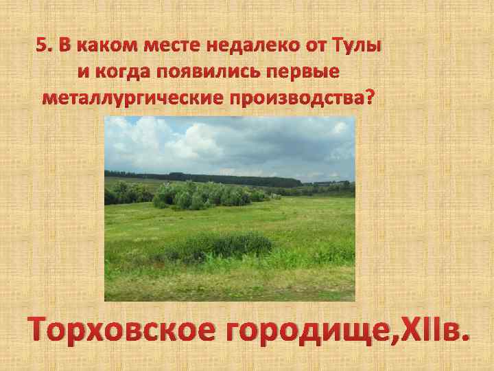 5. В каком месте недалеко от Тулы и когда появились первые металлургические производства? Торховское