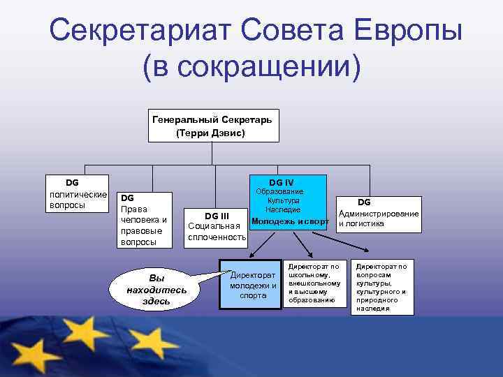 Секретариат Совета Европы (в сокращении) Генеральный Секретарь (Терри Дэвис) DG политические вопросы DG IV