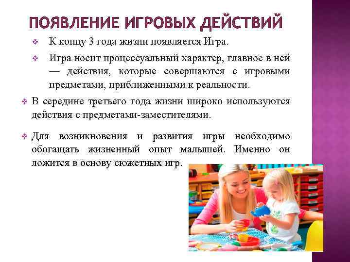 ПОЯВЛЕНИЕ ИГРОВЫХ ДЕЙСТВИЙ v К концу 3 года жизни появляется Игра. v Игра носит