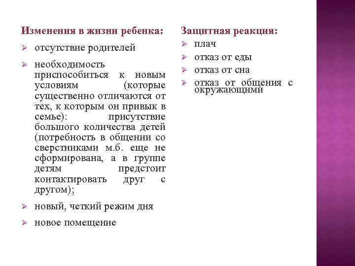 Изменения в жизни ребенка: отсутствие родителей необходимость приспособиться к новым условиям (которые существенно отличаются
