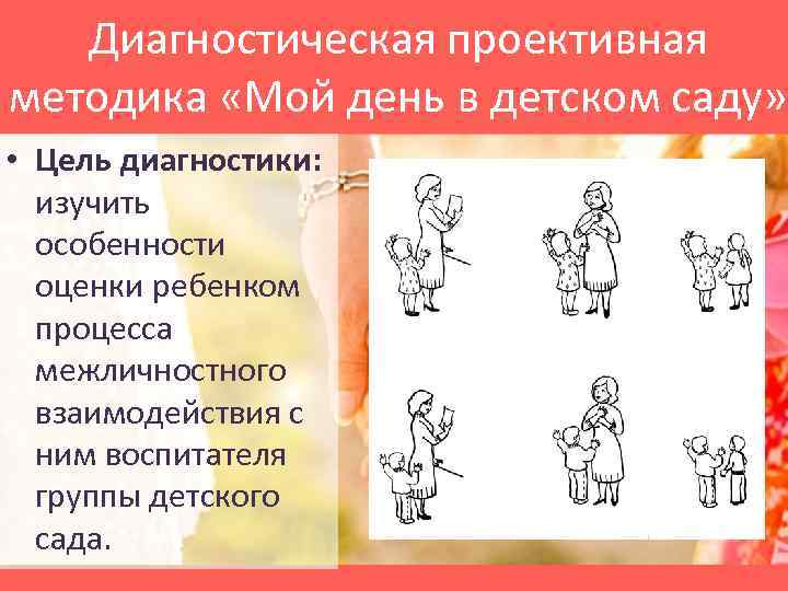 Диагностическая проективная методика «Мой день в детском саду» • Цель диагностики: изучить особенности оценки