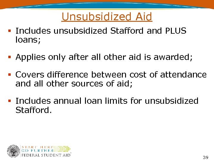 Unsubsidized Aid Includes unsubsidized Stafford and PLUS loans; Applies only after all other aid