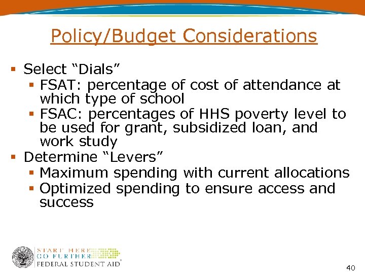 Policy/Budget Considerations Select “Dials” FSAT: percentage of cost of attendance at which type of