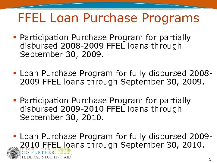 FFEL Loan Purchase Programs Participation Purchase Program for partially disbursed 2008 -2009 FFEL loans