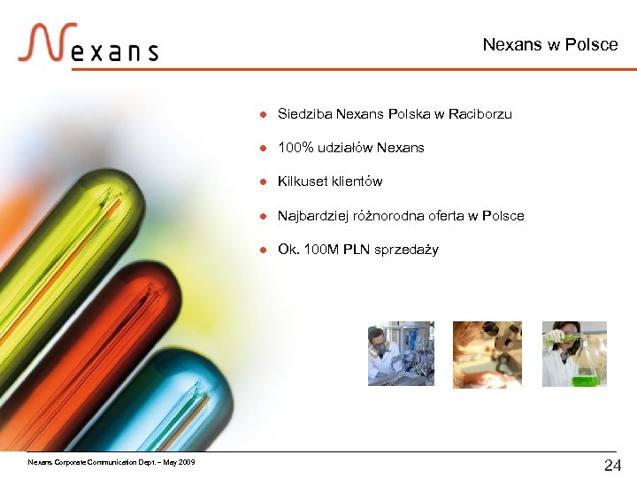 Nexans w Polsce l l 100% udziałów Nexans l Kilkuset klientów l Najbardziej różnorodna