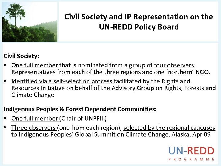 Civil Society and IP Representation on the UN-REDD Policy Board Civil Society: • One