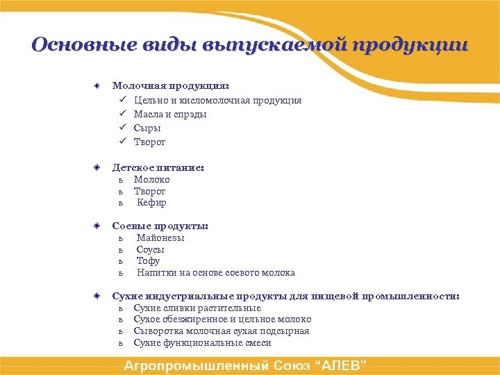 Основные виды выпускаемой продукции Молочная продукция: ü Цельно и кисломолочная продукция ü Масла и