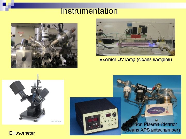 Instrumentation X-ray Photoelectron Spectrometer (XPS) Ellipsometer Excimer UV lamp (cleans samples) Evactron Plasma Cleaner
