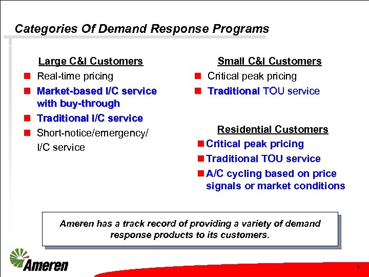 Categories Of Demand Response Programs n n Large C&I Customers Real-time pricing Market-based I/C