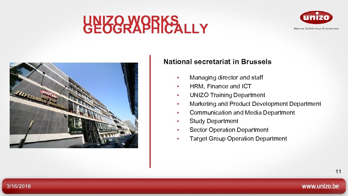UNIZO WORKS GEOGRAPHICALLY National secretariat in Brussels • • Managing director and staff HRM,