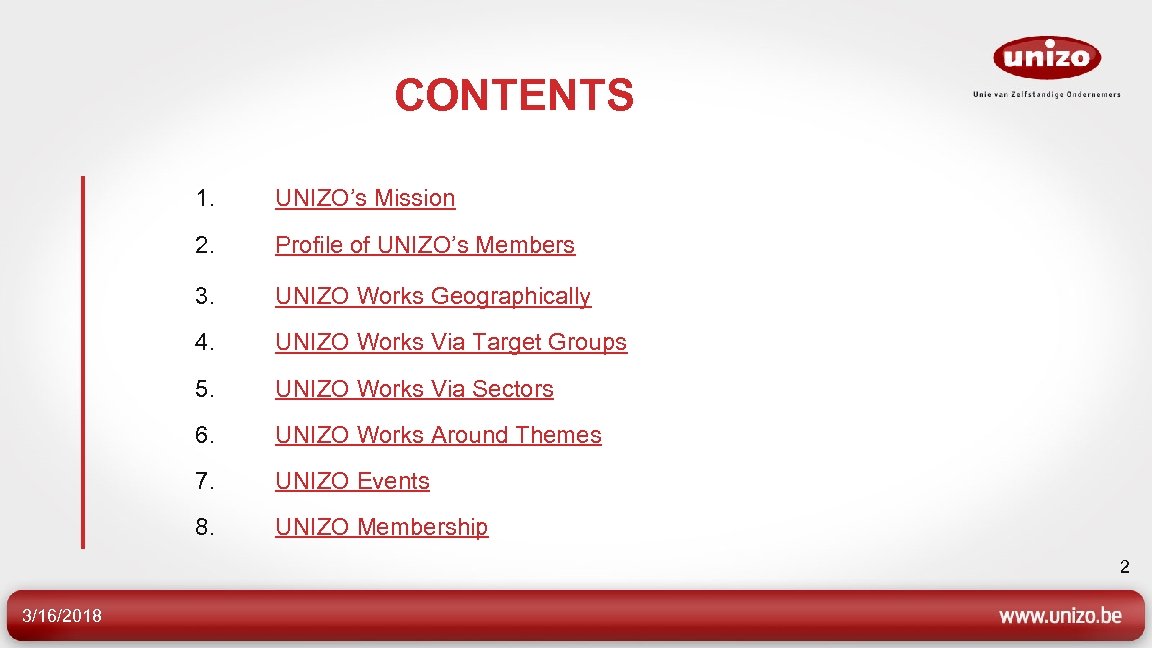 CONTENTS 1. UNIZO’s Mission 2. Profile of UNIZO’s Members 3. UNIZO Works Geographically 4.