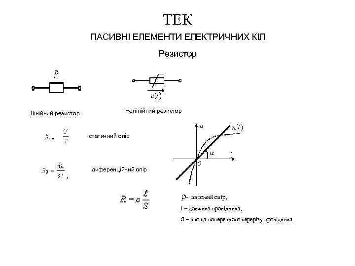 ТЕК ПАСИВНІ ЕЛЕМЕНТИ ЕЛЕКТРИЧНИХ КІЛ Резистор Лінійний резистор Нелінійний резистор статичний опір диференційний опір