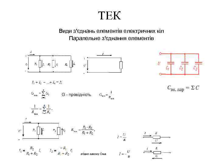 ТЕК Види з'єднань елементів електричних кіл Паралельне з'єднання елементів G - провідність згідно закону