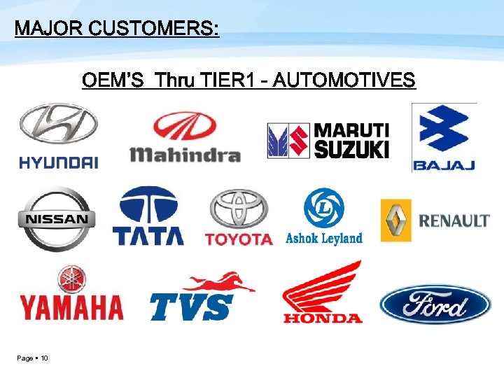 MAJOR CUSTOMERS: OEM’S Thru TIER 1 - AUTOMOTIVES Page 10 