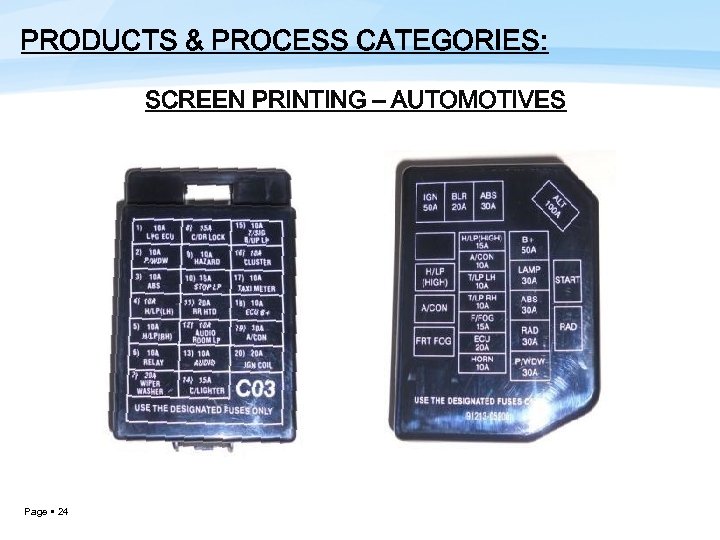 PRODUCTS & PROCESS CATEGORIES: SCREEN PRINTING – AUTOMOTIVES Page 24 