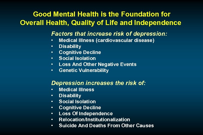 Good Mental Health is the Foundation for Overall Health, Quality of Life and Independence