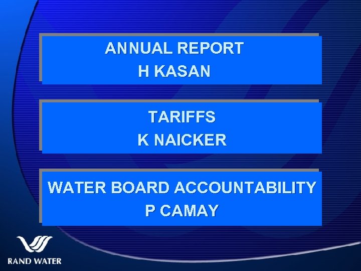ANNUAL REPORT H KASAN TARIFFS K NAICKER WATER BOARD ACCOUNTABILITY P CAMAY 