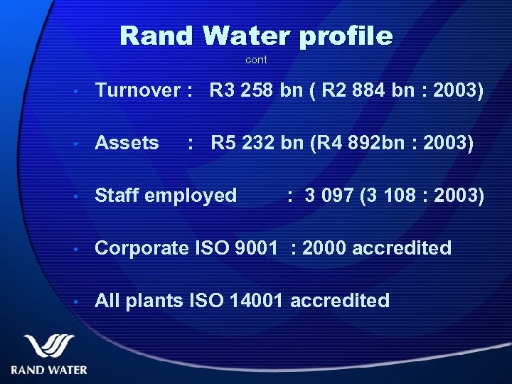 Rand Water profile cont • Turnover : R 3 258 bn ( R 2