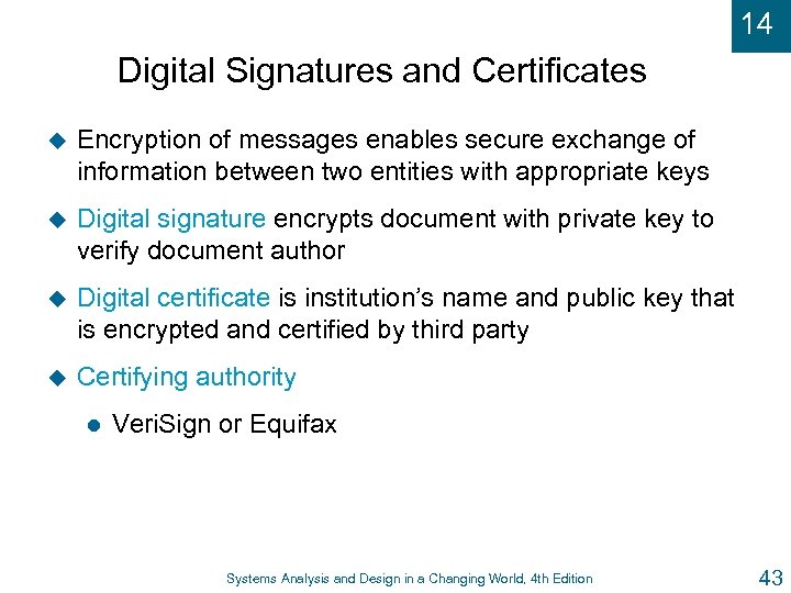 14 Digital Signatures and Certificates u Encryption of messages enables secure exchange of information