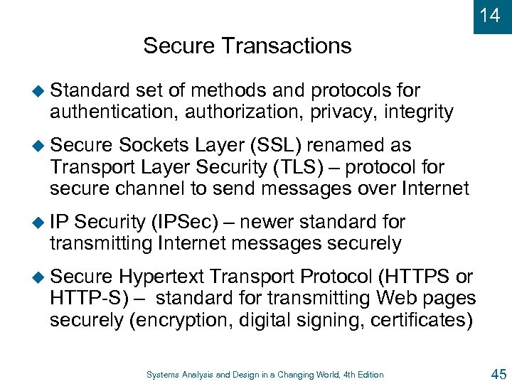 14 Secure Transactions u Standard set of methods and protocols for authentication, authorization, privacy,