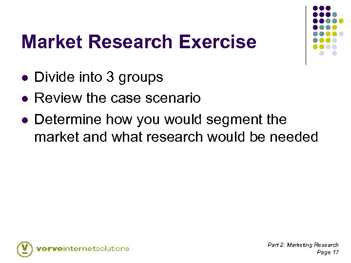 Market Research Exercise l l l Divide into 3 groups Review the case scenario