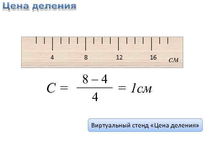 Цена деления 4 С= 8 12 16 см 8– 4 = 1 см 4