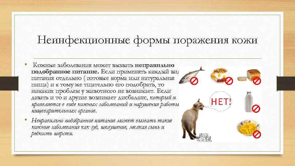 Неинфекционные формы поражения кожи • Кожные заболевания может вызвать неправильно подобранное питание. Если применять