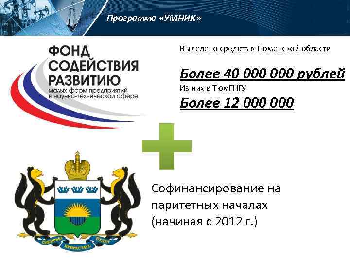 Программа «УМНИК» Выделено средств в Тюменской области Более 40 000 рублей Из них в