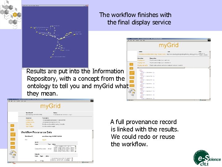 The workflow finishes with the final display service Results are put into the Information