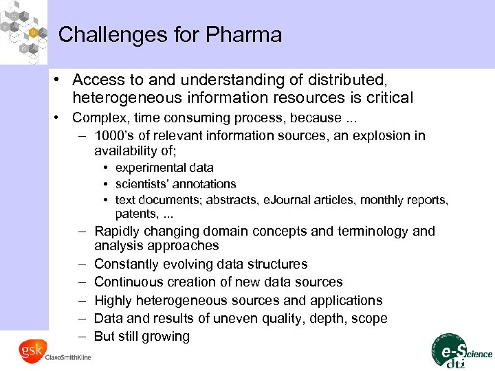 Challenges for Pharma • Access to and understanding of distributed, heterogeneous information resources is