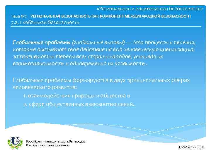  «Региональная и национальная безопасность» Тема № 7. РЕГИОНАЛЬНАЯ БЕЗОПАСНОСТЬ КАК КОМПОНЕНТ МЕЖДУНАРОДНОЙ БЕЗОПАСНОСТИ