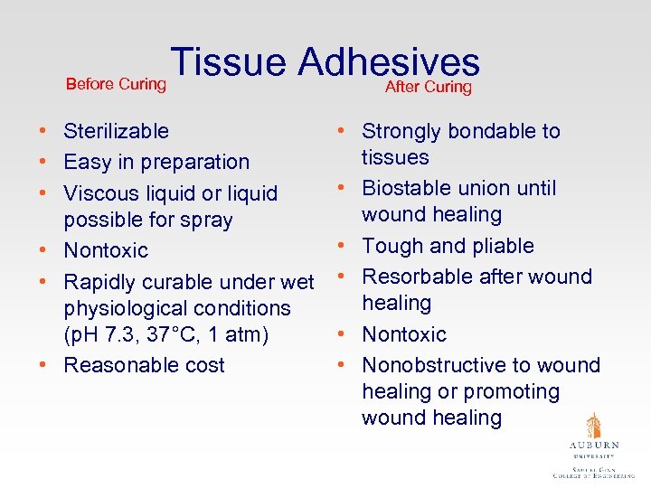 Tissue Adhesives Before Curing After Curing • Sterilizable • Easy in preparation • Viscous