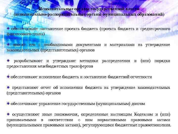 Исполнительные органы государственной власти (исполнительно-распорядительные органы муниципальных образований) обеспечивают составление проекта бюджета (проекта бюджета