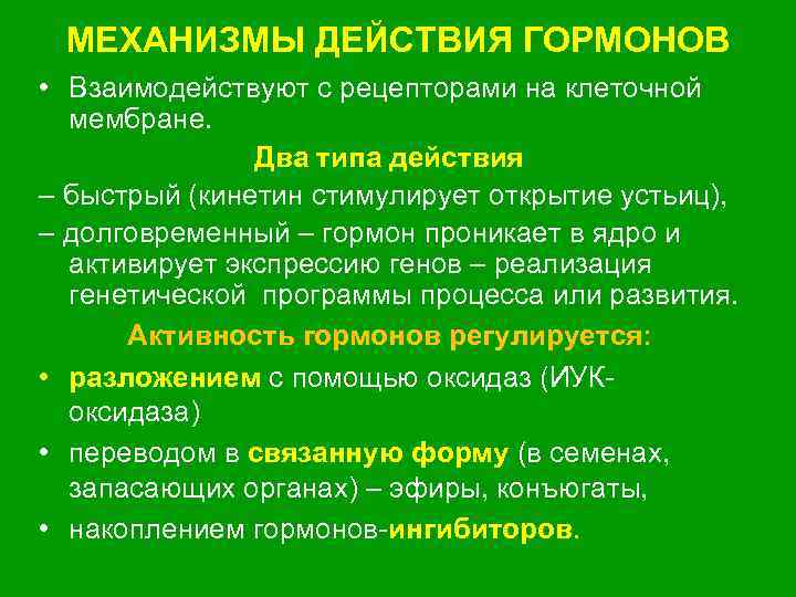 МЕХАНИЗМЫ ДЕЙСТВИЯ ГОРМОНОВ • Взаимодействуют с рецепторами на клеточной мембране. Два типа действия –