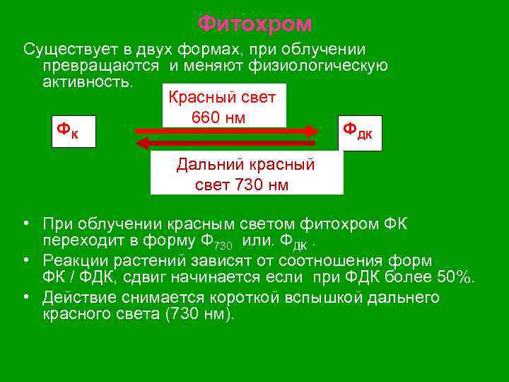 Фитохром Существует в двух формах, при облучении превращаются и меняют физиологическую активность. Красный свет