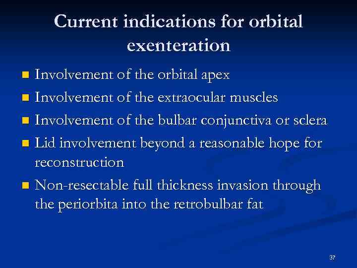 Current indications for orbital exenteration Involvement of the orbital apex n Involvement of the