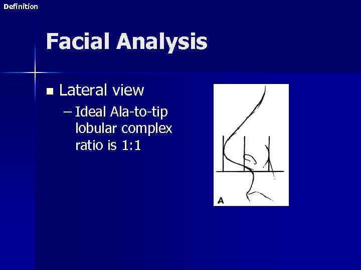 Definition Facial Analysis n Lateral view – Ideal Ala-to-tip lobular complex ratio is 1: