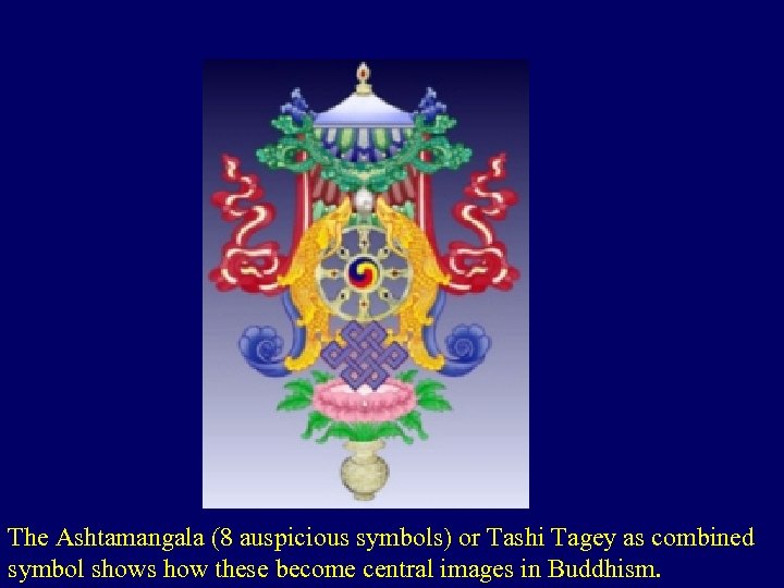 The Ashtamangala (8 auspicious symbols) or Tashi Tagey as combined symbol shows how these