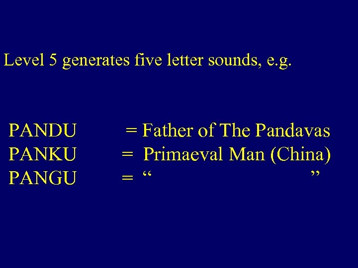 Level 5 generates five letter sounds, e. g. PANDU PANKU PANGU = Father of