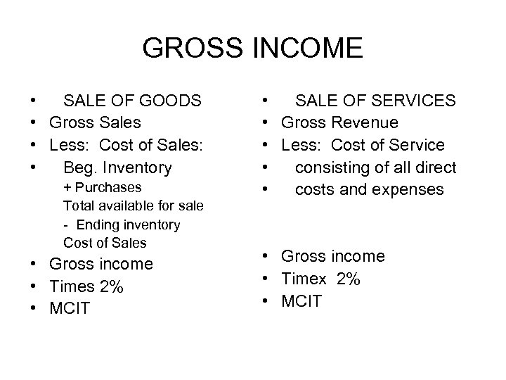 GROSS INCOME • SALE OF GOODS • Gross Sales • Less: Cost of Sales: